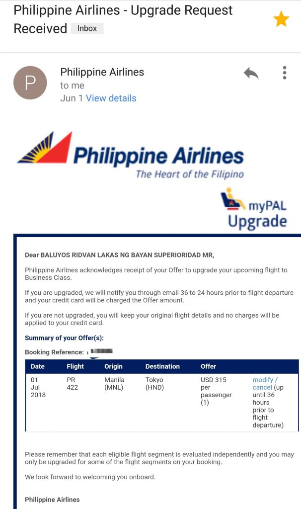 PAL Upgrade Bid Confirm