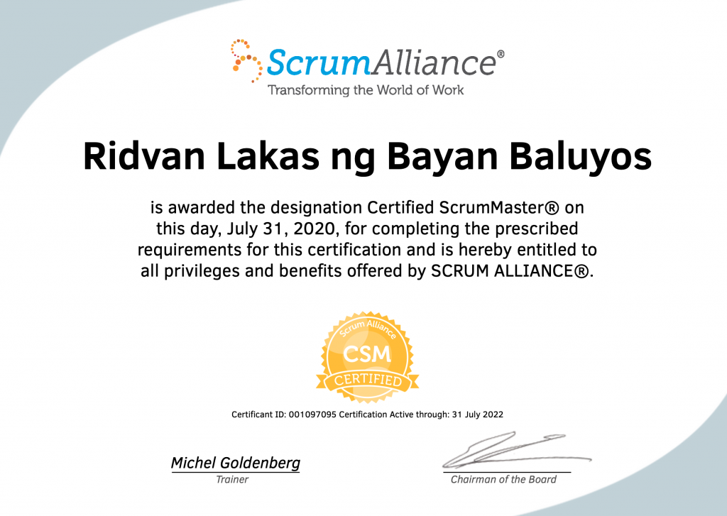 Certified Scrum Master - Ridvan Baluyos